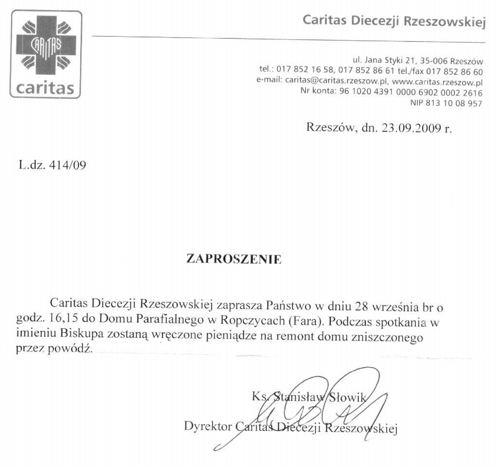 Darowizna od Caritas - zawiadomienie