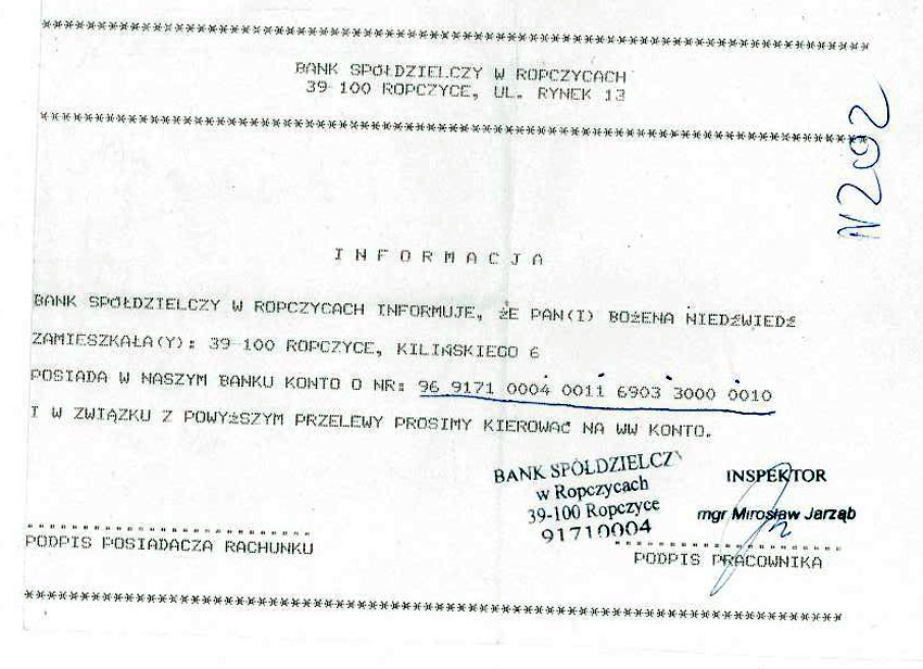 Za�wiadczenie z banku o rachunku